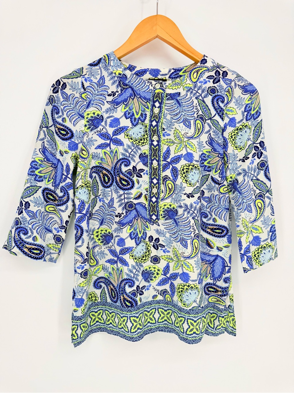 Talbots Paisley Tunic Top Small Blue Lime Floral Boho Cottage Quiet Luxury